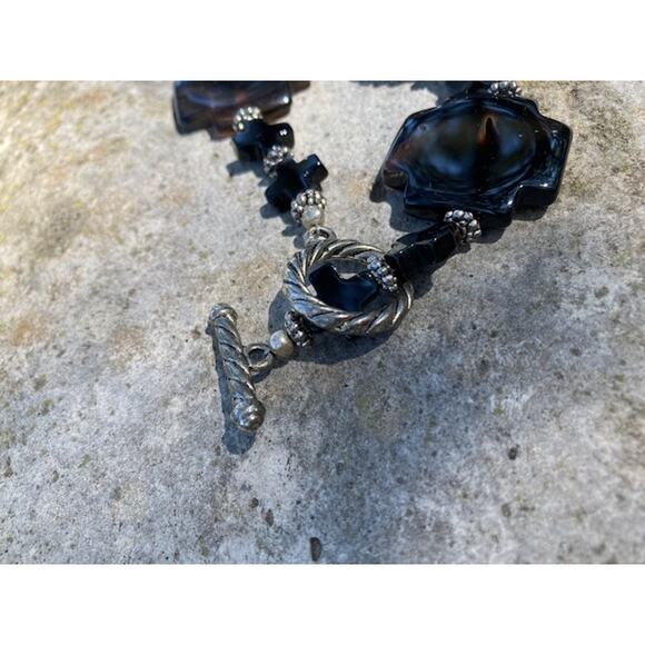 SALE!! Black Onyx Cross Lanyard - Black & Silver Double Strand Chunky Necklace - Picture 8 of 9